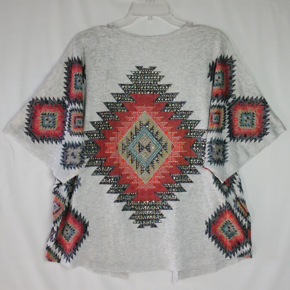 Vocal Southwest Knit Cardigan Womens Size XL Gray Jewel Studded Dolman Sleeve - Picture 6 of 11